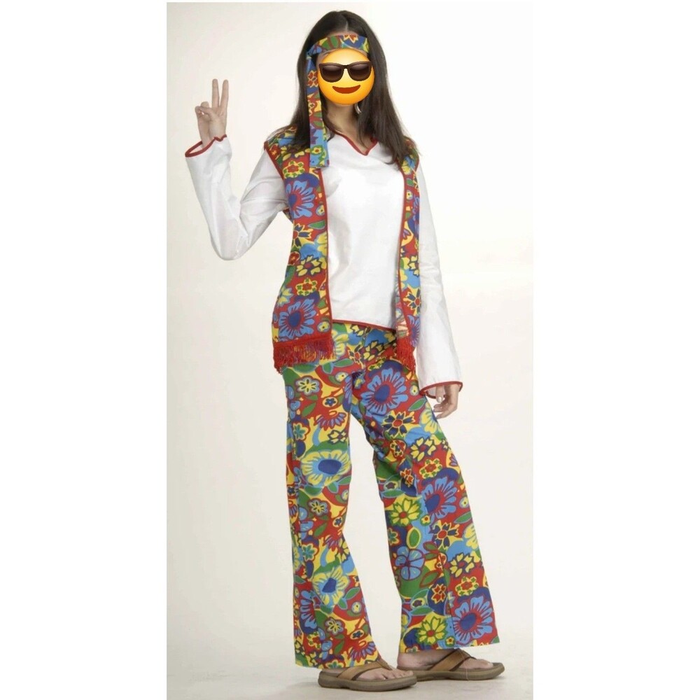 VTG 60s 70s Hippie Dippie Costume Flower Power Men Women OSFM Vest Shirt Pants